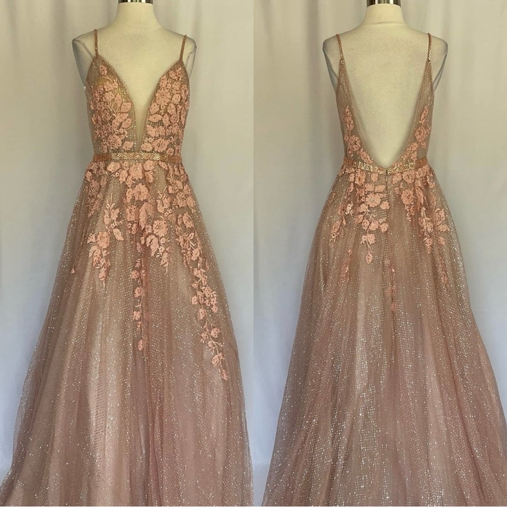 Jovani Women's Formal Dress Size 6 Pink Rose Gold Sequined Tulle Backless Gown